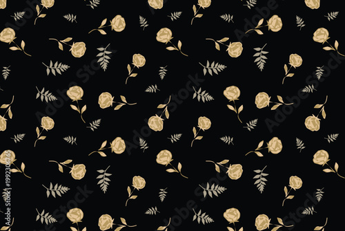 High-contrast black floral seamless pattern with soft blush pastel accents, blending modern elegance and couture style for luxury packaging, textiles, wallpaper, and refined stationery use.