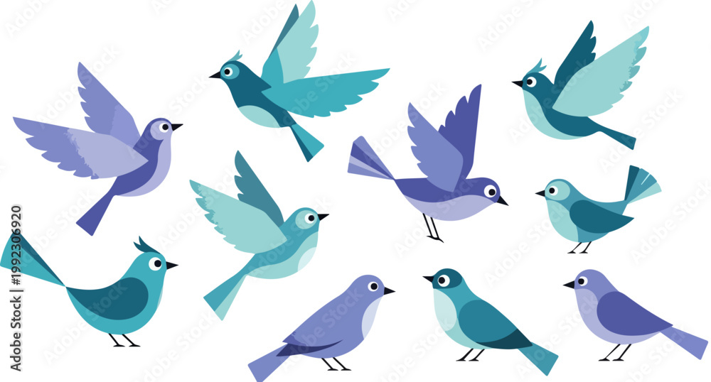 Obraz premium Blue bird vector set, collection of 10 flying and perched songbirds in flat style, decorative blue and purple avian characters for nature design