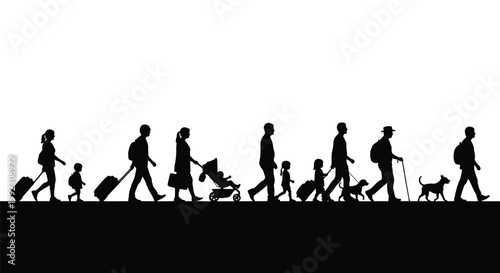 Diverse group of people and children walking together carrying luggage while traveling on a bright sunny day