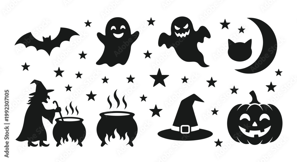 Obraz premium Halloween silhouettes depict spooky ghosts bats a witch and pumpkin
