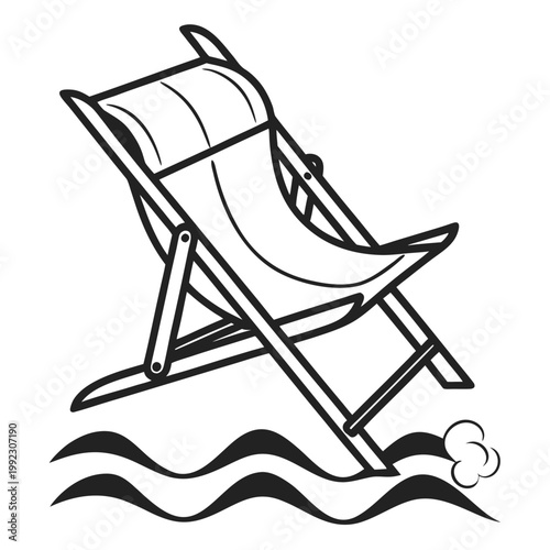 Vector illustration of a lounge beach chair near water waves with vacation relaxation furniture deckchair