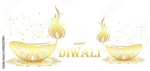 Vector illustration of two artistic golden Diwali Diyas with graceful flames also "Happy Diwali" greeting for Diwali day