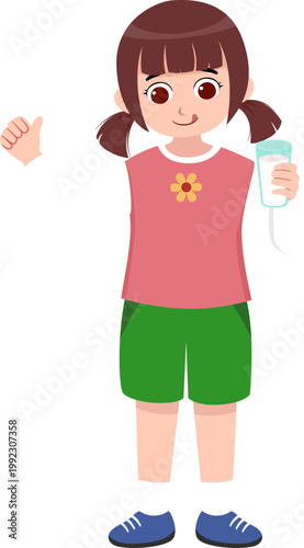 Cute Little Girl Holding Glass of Milk, Healthy Drink for Kids Cartoon Character Isolated