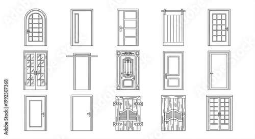 Latest Modern Housing Doors Line Art Vector Set, Trendy Home Entrance Outline Icons Collection