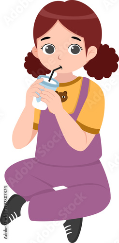 Cute Little Girl Sitting and Drinking Milk with Straw, Healthy Beverage Cartoon Character