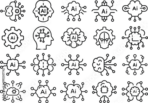 An array of line art icons depicting artificial intelligence concepts including brains gears and interconnected nodes high quality professional detailed modern elegant stylish clean crisp vibrant