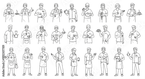 Coffee Shop Staff Line Art Vector Set, Barista Cafe Workers Outline Icons Collection