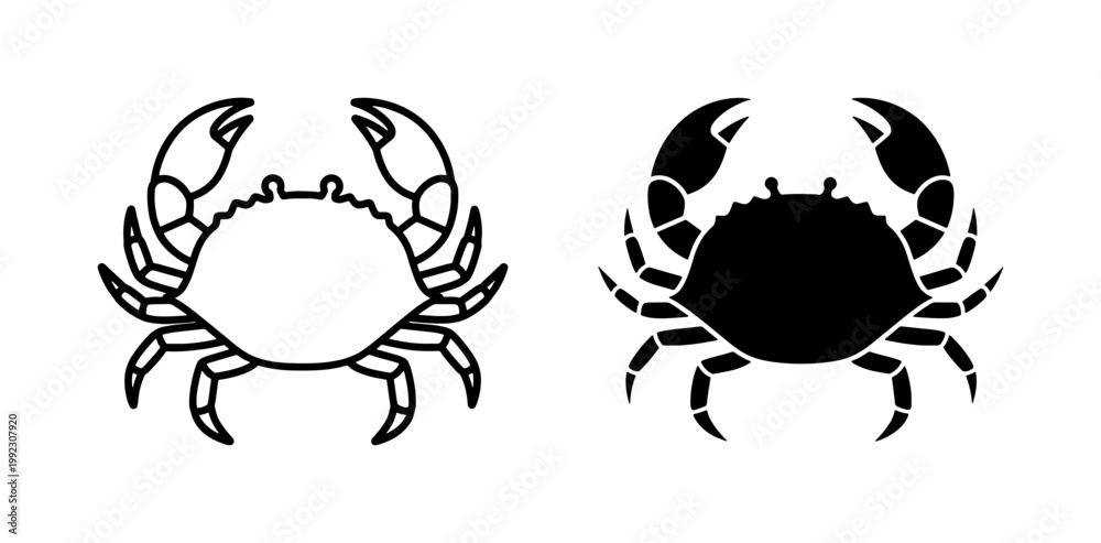 Obraz premium Crab Vector Icons, Seafood Illustration, Marine Life Silhouette, Crustacean Graphics, Ocean Creature Outline, Black and White Icons for Culinary and Nautical Themes