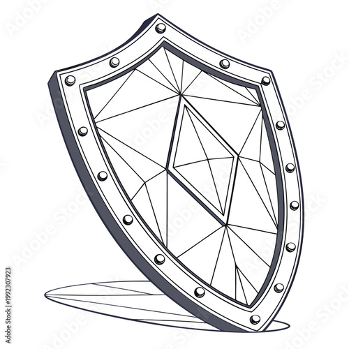 Vector illustration of an abstract shield with low poly pattern and decorative metallic studs, protection