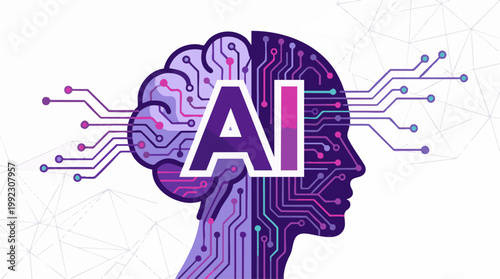 Artificial Intelligence concept, human brain and head silhouette with circuit board