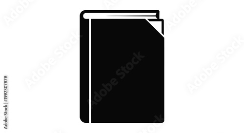 A stark black silhouette depicts a closed thick book with slightly turned pages creating a minimalist aesthetic silhouette