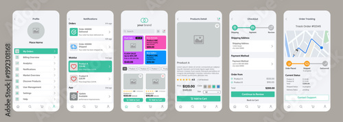 E-commerce Mobile App UI Kit - Light Mode. Editable vector set of professional clean white user interface screens including product cards, checkout, GPS tracking, and user profile dashboard.