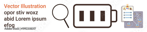 Energy management, technology analysis, data processing, battery efficiency, digital tools, connectivity. Simple battery icon with magnifying glass and charts. Energy management and technology