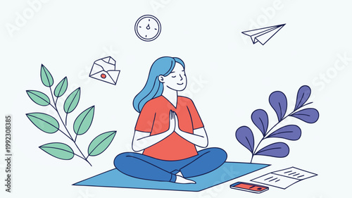 Vector illustration of woman practicing yoga and mindfulness with meditation mindfulness wellness lifestyle