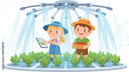 Kids in greenhouse, smart farming, irrigation system, sustainable agriculture