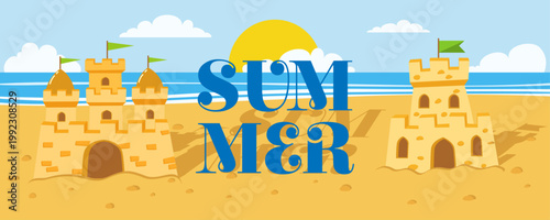 Summer beach background with sandcastles and ocean. Sunny coastline with sand towers, blue sea, and text. Vector illustration