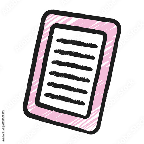 Hand drawn chalk document icon with grunge texture and black outline. Paper sheet, list, or contract. Vector illustration