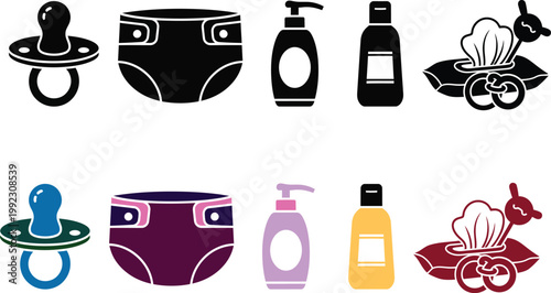 Collection of baby care items including pacifiers and diapers with toiletries