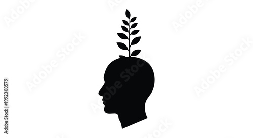 A striking depiction of a human head in profile with a branch and leaves growing from the skull silhouette