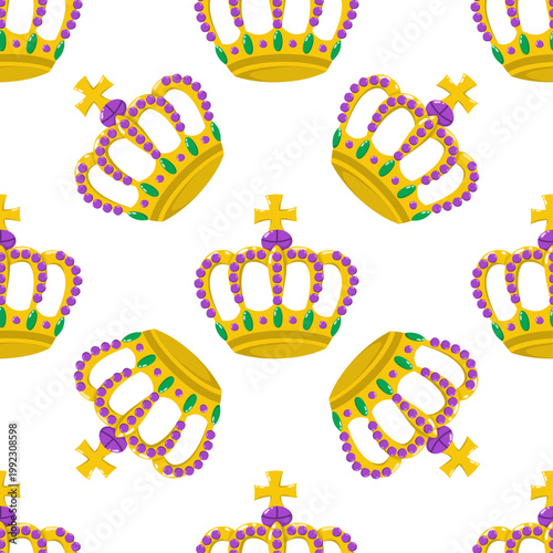 Seamless pattern with golden royal crowns and purple jewels. Majestic gold tiara background, isolated on white. Vector illustration