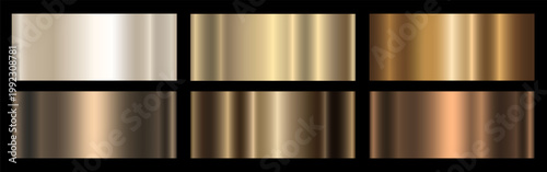 Set of six gold, platinum and brown metallic gradients on a black background. Metal texture, shiny background. Vector EPS 10.