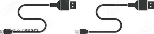USB cable icons vector set including Type C, Type A, Lightning, and Micro USB charging ports, smartphone charger cable symbols, minimal tech device connection elements