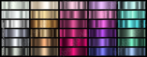A set of shiny colored metallic gradients on a black background. A collection of metal banners. Metallic gradient effects for text and infographic design. Vector EPS 10.