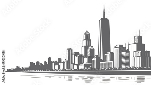 Vector illustration of a modern city skyline reflected in water with illustration cityscape architecture