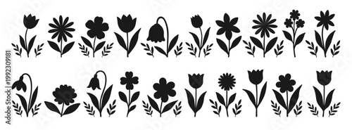 Set of silhouettes of field and garden flowers with twigs on a white background. Set of icons with abstract, summer-spring flowers. Flat, cute flowers, design elements. Vector EPS 10.