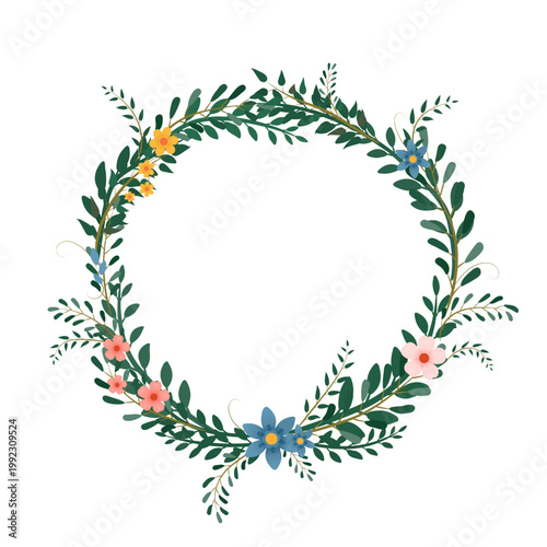 Wreath of twigs, flowers and leaves on a light white background. Frames of spring and summer flowers and plants for the design of invitations, wedding decor, logo and corporate identity. Vector EPS 10