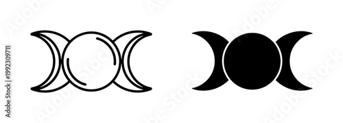 Triple Goddess Moon Symbol Set in Outline and Solid Style
