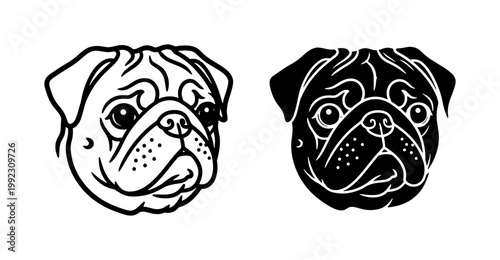 Pug Dog Head Vector Line Art Silhouette Set