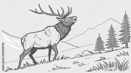 Vector illustration of an elk calling in a mountainous landscape with illustration wildlife mountain