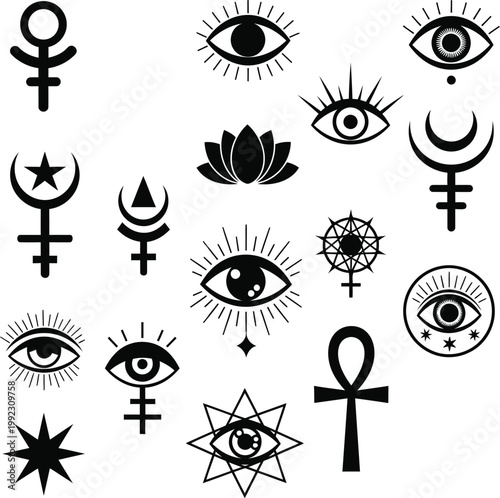 Mystical and occult symbols set with third eye, lotus, and ankh