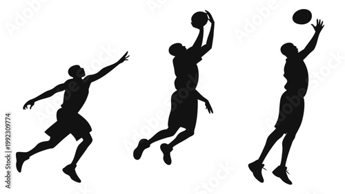 Vector illustration of basketball players in silhouette during a game with slam dunk illustration basketball
