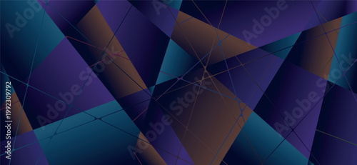 Digital dark background featuring complex overlapping polygons and sharp intersecting lines. Dark background uses a deep purple and navy blue palette with metallic bronze accents to create depth.