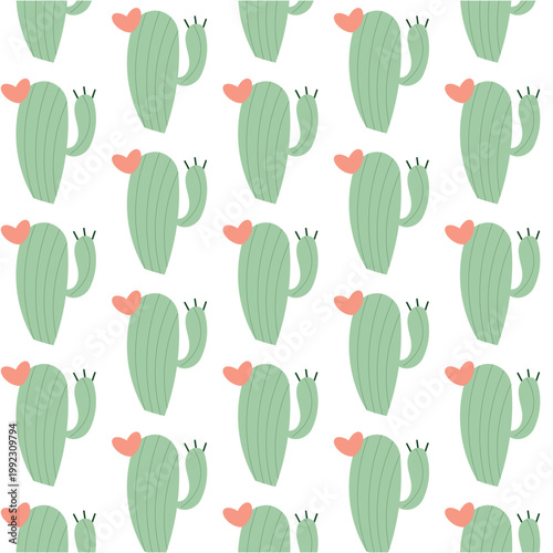  Сactus seamless pattern with pink hearts. Vector botanical background with repeating succulent plants for Valentine's Day, nursery textile and romantic gift wrap design.