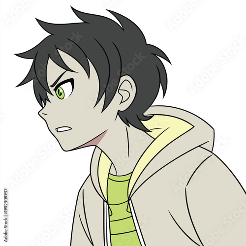 Vector illustration of a young anime boy with green eyes and dark hair illustration character japanese