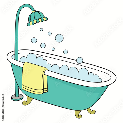 Vector illustration of a bathtub with bubbles and shower head bathroom cleaning wellness interior