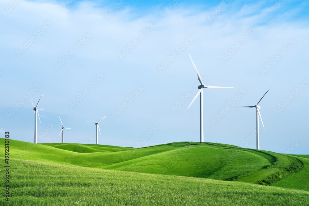Fototapeta premium Wind Turbines Spinning on Green Hills Under a Blue Sky During the Day