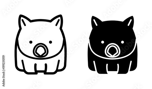 Cute Wombat Icon Set in Outline and Solid Style