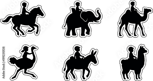 Black silhouette children riding horse elephant camel ostrich donkey and llama vector art