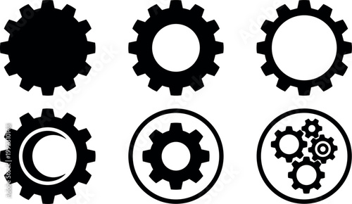 Black gear icons set with various inner shapes and outlines vector art
