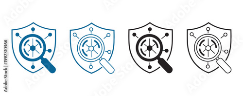 Shield icons network security analysis, magnifying glass connected nodes concept, four variations set, modern elegant clean crisp professional vector