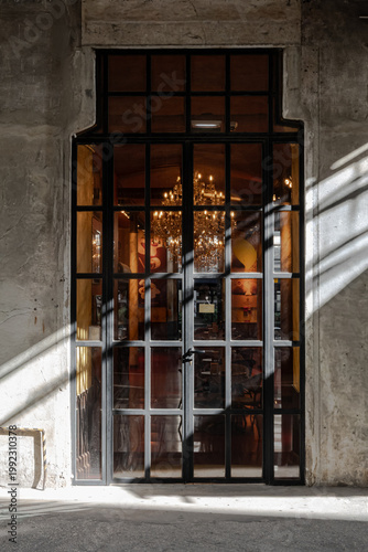 Close-up detail of metal and glass exterior door