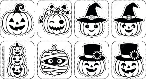 Black and white halloween pumpkin faces with witch hats and mummy wrap vector art
