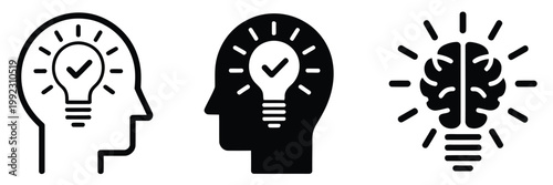 Brain in light bulb icon set featuring creative idea generation symbols, solution thinking concepts, knowledge lamp elements, and modern minimalist line art for innovation