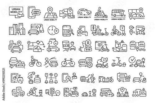 Urban mobility icon set featuring transportation modes and technological elements.