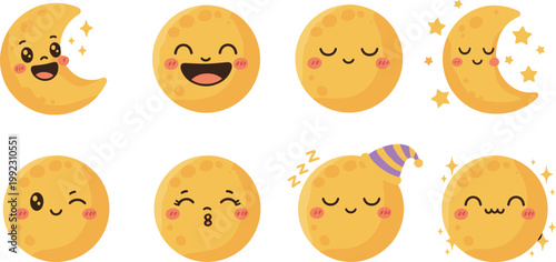 Cute cartoon vector illustration of crescent and full moons with expressive faces, stars, sleeping cap, and playful emotions