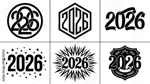 Black and white 2026 year numbers in various decorative styles vector art